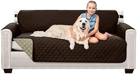 Sofa Shield Patented Couch Slip Cover, Large Cushion Protector, Reversible Stain and Dog Tear Resistant Slipcover, Quilted Microfiber 70” Seat, Washable Covers for Dogs Pets Kids, Chocolate Beige