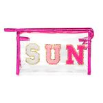 Preppy Patch SUN Varsity Letter Cosmetic Toiletry Bag Transparent PVC Zipper Makeup Bag Daily Use Clutch Purse Portable Waterproof Travel Organizer Compliant Bag for Women Girls Teens(Rose Red)