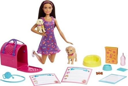 Barbie Pup Adoption Doll & Accessories Set with Color-Change, 2 Pets, Carrier & 10 Accessories, Brunette Doll in Purple Dress