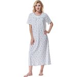 Keyocean Women Nightgowns, Soft Comfortable 100% Cotton Short Sleeves Ladies Nightdress, Blue Floral, Small