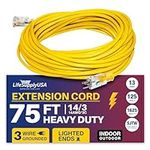 14/3 75 Feet SJT Full Copper 13 Amp 125 Volt 1625 Watt Lighted End Indoor/Outdoor Extension Cord by LifeSupplyUSA