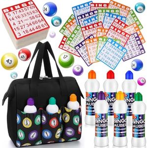 Crtiin 107 Pack Bingo Dauber Bag Bingo Game Cards and Dot Daubers Set Mixed Colors Dot Markers Handle and Zipper Tote Bag with Calling Card Suitable for Parties, Family Gathering Activity, Game Night