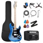 39 inch Full Size Electric Guitar Kit Bundle with Amplifier, All Accessories, Digital Clip On Tuner, Six Strings, Picks, Shoulder Strap, Tremolo Bar, Case Bag Starter kit Full Size -Sky Burst Metallic