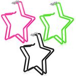 Hicarer 3 Pairs Halloween Neon Earrings 70s 80s Party Retro Earrings for Women Costume Party Accessory(Rose Red, Fluorescent Green, Black,Star Style)