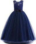 Glamulice Holiday Birthday Flower Girl Lace Bridesmaid Dress Navy Blue Long A Line Wedding Pageant Beauty Contest Dresses Princess Evening Tulle Party Gown 12-13 Dance Dress Christmas Photoshoot Maxi