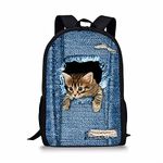 KUIFORTI Denim Cat Schoolbags for Boys Girls,3D Denim Cat Printed Casual Daypack Large Bookbags Travel Hiking Laptop Rucksack Elementary Children Shoulder Daypack