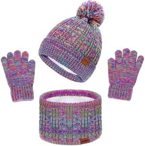 GoxRunx 3 Pcs Kids Winter Hat Gloves Scarf Set, Toddler Knitted Beanie Hat Neck Warmer Mittens Fleece Lined Set for Boys and Girls, Rainbow Mix, 2-8 Years