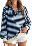 EVALESS Sweatshirt for Women Fashion Oversized Striped Color Block Long Sleeve Shirts Cute Comfort Colors Casual Hoodless Hoodies Loose Fit Half Zip Pullover Tops Trendy 2024 Fall Outfits Blue Small