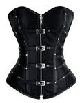 Charmian Women's Gothic Punk Satin Boned Zipper Overbust Corset Top with Buckles Black Large