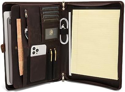 Geslun Genuine Leather Portfolio with A4 Notepad Holder 13.3” Laptop Pocket, Zippered Leather Padfolio Organizer, Dark Brown