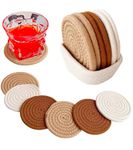 Valdivia Boho Drink Coasters with Storage Basket, Handmade Woven Cotton Absorbent Coaster Set of 6, Minimalist Home Decor for Coffee Table, Kitchen, Housewarming Gifts for Grandma and Grandpa