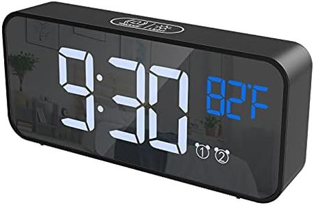 (Upgraded) Digital Alarm Clock, Mirror LED Clock, 4 Adjustable Brightness with Voice Control, Dual Alarms, Snooze, Temperature Display, USB Charging Port for Bedroom, Office, Kids （Black）