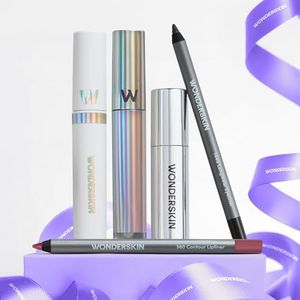 Wonderskin The Icons Longwear Set, Lip Stain in Whimsical, Top Gloss in Clear Shine, 1440 Longwear Eyeliner in Liquorice, 360 Contour Lip Liner in Rosewood and Lip Oil Rehab Serum in Honey