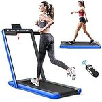 COSTWAY 2 in 1 Under Desk Treadmill, 2.25HP Folding Walking Running Machine with Dual LED Displays, Bluetooth Speaker & Remote Control, Electric Motorized Treadmills for Home Office (Blue)