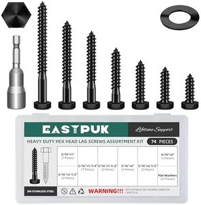 EASTPUK 74Pcs 5/16 Hex Head Lag Bolts Screws Assortment Kit, Heavy Duty Lag Screws with Washers, 304 Stainless Steel, 5/16 Bolt for Wood, Fully Thread, Black Oxided with Hex Socket