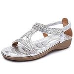 Odema Womens Glitter Flat Sandals Rhinestone Open Toe Slip-on Dress Shoes, 1-silver, 5.5