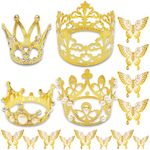 16 pcs Happy Birthday Cake Toppers, SourceTon 4 Crown Cake Topper, 12 Butterfly Decoration, Gold Crown, for Cake, Birthday, Party, Art of Flower Arrangement, DIY, Party Decoration (Gold)