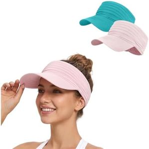 Women's Sun Visor Hat, 2026 New Wide Brim Visor, Portable Foldable Ponytail Cap, Casual Beach Visor Hat for Outdoor Travel (Navy Blue+Pink)
