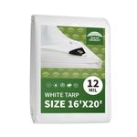 RAINDEWAY 16x20 Feet Heavy Duty White Tarp, 12 Mil Waterproof Tarp, UV Resistant, Multi-Purpose Tarp with Metal Grommets and Edge Reinforcement