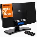 Denver Radio CD Player With Speakers, Wall Mounted or Desktop Stand Small Mains Operated Alarm Clock Radio Boombox Home Audio CD Player with Remote Control - Black
