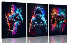 3Pcs Cool Gaming Wall Art Retro Video Game watercolor Posters Pictures Colorful Neon Gamepad Canvas Painting Prints for Boys Room Kids Game Room Accessories Bedroom Home Decoration Framed (Colorful,