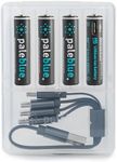 USB Rechargeable AAA Batteries by Pale Blue, Lithium Ion 1.5v 600 mAh, Charges Under 1 Hour, Over 1000 Cycles, 4-in-1 USB-A to USB-C Charging Cable, LED Charge Indicator, 4-Pack