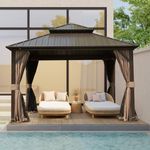 Domi Hardtop Gazebos 10x10FT, Aluminum Metal Gazebo with Galvanized Steel Double Roof Canopy, Curtain and Netting, Permanent Gazebo Pavilion for Patio, Backyard, Deck and Lawn, Brown