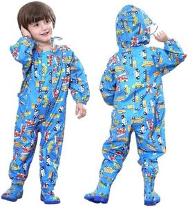 JiAmy Kids Rain Suit Toddler One Piece Rainsuit with Hood,Full Body Waterproof Coveralls for Boys Girls,Lightweight Packable Rainwear for Rainy Days,Mud & Outdoor Play Blue 7-10 Years