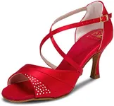 JIAJIA 20522 Women's Satin Sandals Flared Heel Latin Salsa Performance Dance Shoes Color Red,Size 9.5 B(M) US/41 EU