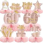 9Pcs 60th Birthday Decorations Pink Rose Gold Honeycomb Centerpieces for Girls,Happy 60th Birthday Table Centerpieces Party Supplies,Sixty Year Old Birthday Table Decor