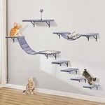 Wall-Mounted Cat Climber Set with Cat Shelves, Perches, Bridge,Hammock,Scratching Board & Ball - 7 Pcs Wood Indoor Cat Furniture for Kittens Play (Grey)