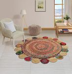 GRUHUM Round Jute Cotton Area Rug 5' ft Circle Natural Fiber Handmade Boho Farmhouse Colorful Rustic Vintage Soft Braided EcoFriendly Indoor EcoFriendly Kitchen Bedroom Living Room Hallways Enterways