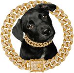 Dog Chain Diamond Collar 18K Gold Plated Walking Metal Chain 12 mm Wide Necklace with Secure Buckle Pet Cuban Style Collar Jewelry Accessories for Small Medium Large Dog Cats (14inch, Gold)
