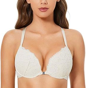 DOBREVA Sujetador Push Up de Encaje y Cierre Delantero para Mujer Acolchado con Aros Marfil 105C