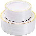 Suwimut 100 Pieces Plastic Party Plates White Gold Rim, Disposable Heavy Duty Plastic Plates Set for Parties Wedding, 50 Dinner Plates 10.25 Inch and 50 Salad Dessert Plates 7.5 Inch