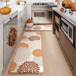 KIMODE Kitchen Mats for Floor Anti Fatigue, 17"x47"+17"x29" Floral Kitchen Floor Mats, Fall Farmhouse Kitchen Rugs Non Slip Cushioned, Comfort Standing Desk Mat for Sink, Laundry, Desk Orange