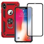 Yiakeng iPhone X Case, iPhone Xs Case With Screen Protector, Silicone Shockproof Military Grade Protective Phone Cover with Ring Kickstand for Apple iPhone X/Xs (Red)