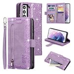 UEEBAI Wallet Case for Samsung Galaxy S23 FE 5G, Retro 9 Card Holder Slots Zipper Pocket Handbag Case PU Leather Magnetic Closure Kickstand with Wrist Strap TPU Shockproof Flip Case - Glitter Purple