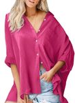 Astylish Womens Oversized Button Down Shirts 3/4 Sleeve Blouse Shirt with Pockets Cotton Cover Ups Shirts Casual Beach Tunic Red