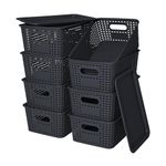 Plastic Storage Baskets with Lid - Plastic Storage Containers Stackable Storage bins: Storage Baskets for Organizing Shelves Drawers Desktop Closet Playroom Classroom Office (Black)