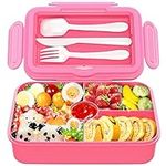 Bento Box Lunch Box, Bento Lunch Box for Kids Adult with 3 Compartment, Spoon&Fork, Sauce Jar, Leak Proof Lunch Box Containers, Reusable Storage Box Microwave Dishwasher Safe BPA-Free (Pink)