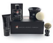 GBS Men's Shaving Set - No.84 Cologne, Black Resin Handle Pure Badger Bristle Shaving Brush, Black Ceramic Shave Mug with Sandalwood Shaving Soap, and Aftershave - Produce the Ultimate Wet Shave