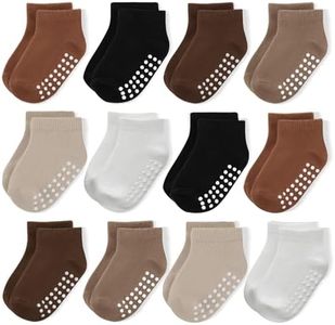 JAKIDAR 12-Pair Baby Socks Non-Slip Cotton Toddler Socks Ankle Socks for Baby Toddler Kids, Khaki Dark Brown Latte Color 4-7T