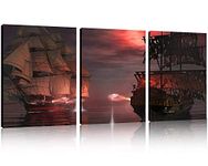 TutuBeer 3 Panel Pirate Ship Decor Canvas Print, Ready to Hang 12"x16" Pirate Canvas Pirate Canvas Art Pirate Pictures for Home Decor Sailboat Wall Art Seascape The Pictures for Home Decor Decoration