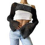 KEOMUD Women Mesh Crochet Crop Top Long Sleeve Hollow Out Cropped Knit Sweater Bikini Beach See Through Cover Ups, Black, Large