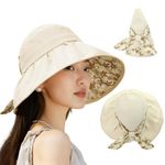 SANNIDHI® Sun Hat for Women UPF 50+ Wide Brim Floral Bow Beach Hat for Women with Chin Strip, Packable Outdoor Fashion Hats for Travel, Hiking, Beach (Beige)