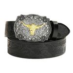 Vikodah Western Leather Cowboy Belts Texas Longhorn Bull Head Buckle Belt Floral Engraved Rodeo Belt for Men