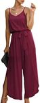 ECOWISH Women Long Pants Jumpsuit: Spaghetti Strap Casual Wide Leg Romper Summer V Neck Flowy Overalls with Belt Wine Red L