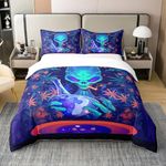 Fantasy Alien Comforter Cover Queen Cartoon Marijuana Leaves 100% Organic Cotton Duvet Cover Outer Space Bedding Sets Funny Halloween Bedspread Cover with 2 Pillowcases Soft(Not Comforter)