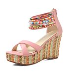 getmorebeauty Women's Wedge Sandals With Pearls Across The Top Platform Sandals High Heels, Pink, 7.5